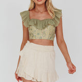 Dreamy On Or Off-Shoulder Frill Crop Top Beige/Olive