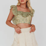 Dreamy On Or Off-Shoulder Frill Crop Top Beige/Olive