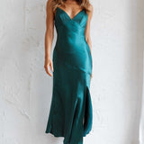 Downtown Cami Strap Front Split Midi Dress Forest Green