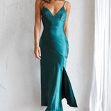 Downtown Cami Strap Front Split Midi Dress Forest Green