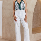 Get Loud Button Front Open Back Bodysuit Paisley Print Green