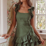 Annie Ruffle Shoulder Strap Layered Hem Mini Dress Green