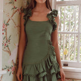 Annie Ruffle Shoulder Strap Layered Hem Mini Dress Green