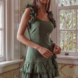 Annie Ruffle Shoulder Strap Layered Hem Mini Dress Green