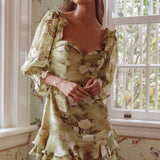 Desiree 3/4 Sleeve Sweetheart Neckline Frill Dress Floral Green