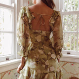 Desiree 3/4 Sleeve Sweetheart Neckline Frill Dress Floral Green