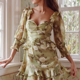Desiree 3/4 Sleeve Sweetheart Neckline Frill Dress Floral Green