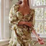 Desiree 3/4 Sleeve Sweetheart Neckline Frill Dress Floral Green