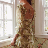 Desiree 3/4 Sleeve Sweetheart Neckline Frill Dress Floral Green