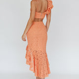 Talk About Me Asymmetrical Ruffle Hem Midi Skirt Apricot