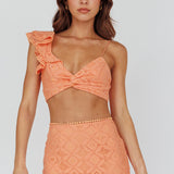 Talk About Me Ruffle Shoulder Twist Bust Crop Top Apricot