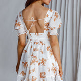 Summer In Paris Puff Sleeve Open Back Dress Floral Tan