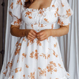 Summer In Paris Puff Sleeve Open Back Dress Floral Tan