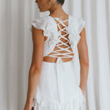 Charade Ruffle Shoulder Corset Back Dress White