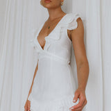 Charade Ruffle Shoulder Corset Back Dress White