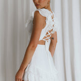 Charade Ruffle Shoulder Corset Back Dress White