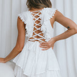 Charade Ruffle Shoulder Corset Back Eyelet Dress White