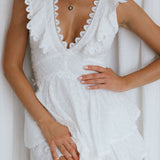 Charade Ruffle Shoulder Corset Back Eyelet Dress White