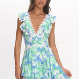 Charade Ruffle Shoulder Corset Back Dress Floral Green
