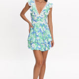 Charade Ruffle Shoulder Corset Back Dress Floral Green