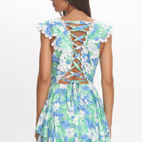Charade Ruffle Shoulder Corset Back Dress Floral Green