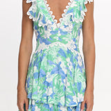 Charade Ruffle Shoulder Corset Back Dress Floral Green