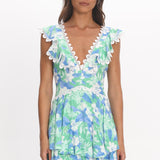 Charade Ruffle Shoulder Corset Back Dress Floral Green