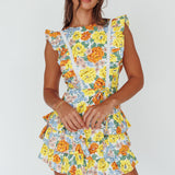 Weekend Muse Sleeveless Layered Frill Romper Yellow Floral