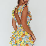 Weekend Muse Sleeveless Layered Frill Romper Yellow Floral