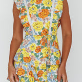 Weekend Muse Sleeveless Layered Frill Romper Yellow Floral
