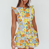 Weekend Muse Sleeveless Layered Frill Romper Yellow Floral