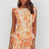 Weekend Muse Sleeveless Layered Frill Romper Flowers Yellow