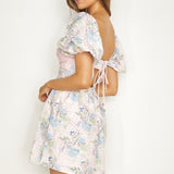 Lovers Lane Lace Trim Puff Sleeve Dress Floral Pink
