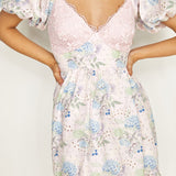 Lovers Lane Lace Trim Puff Sleeve Dress Floral Pink