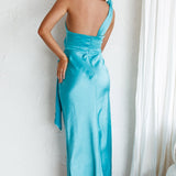Island Time One-Shoulder Midi Dress Satin Aqua