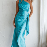 Island Time One-Shoulder Midi Dress Satin Aqua