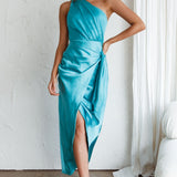Island Time One-Shoulder Midi Dress Satin Aqua