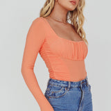 Bobbi Long Sleeve Ruched Side Ribbed Bodysuit Orange
