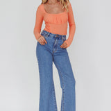 Bobbi Long Sleeve Ruched Side Ribbed Bodysuit Orange