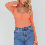 Bobbi Long Sleeve Ruched Side Ribbed Bodysuit Orange