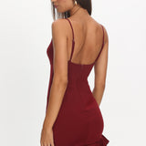 Aces Cami Strap Ruffle Hem Mini Bodycon Dress Wine
