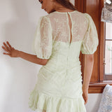 Cherry Blossom Puff Sleeve Wide Ruffle Hem Dress Apple