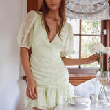 Cherry Blossom Puff Sleeve Wide Ruffle Hem Dress Apple