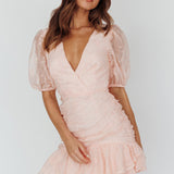 Cherry Blossom Puff Sleeve Wide Ruffle Hem Dress Pink
