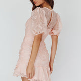 Cherry Blossom Puff Sleeve Wide Ruffle Hem Dress Pink