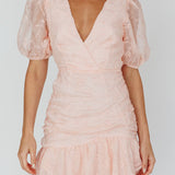 Cherry Blossom Puff Sleeve Wide Ruffle Hem Dress Pink