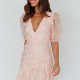 Cherry Blossom Puff Sleeve Wide Ruffle Hem Dress Pink