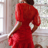 Cherry Blossom Puff Sleeve Wide Ruffle Hem Dress Red