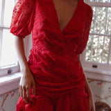 Cherry Blossom Puff Sleeve Wide Ruffle Hem Dress Red