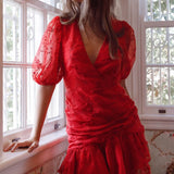 Cherry Blossom Puff Sleeve Wide Ruffle Hem Dress Red